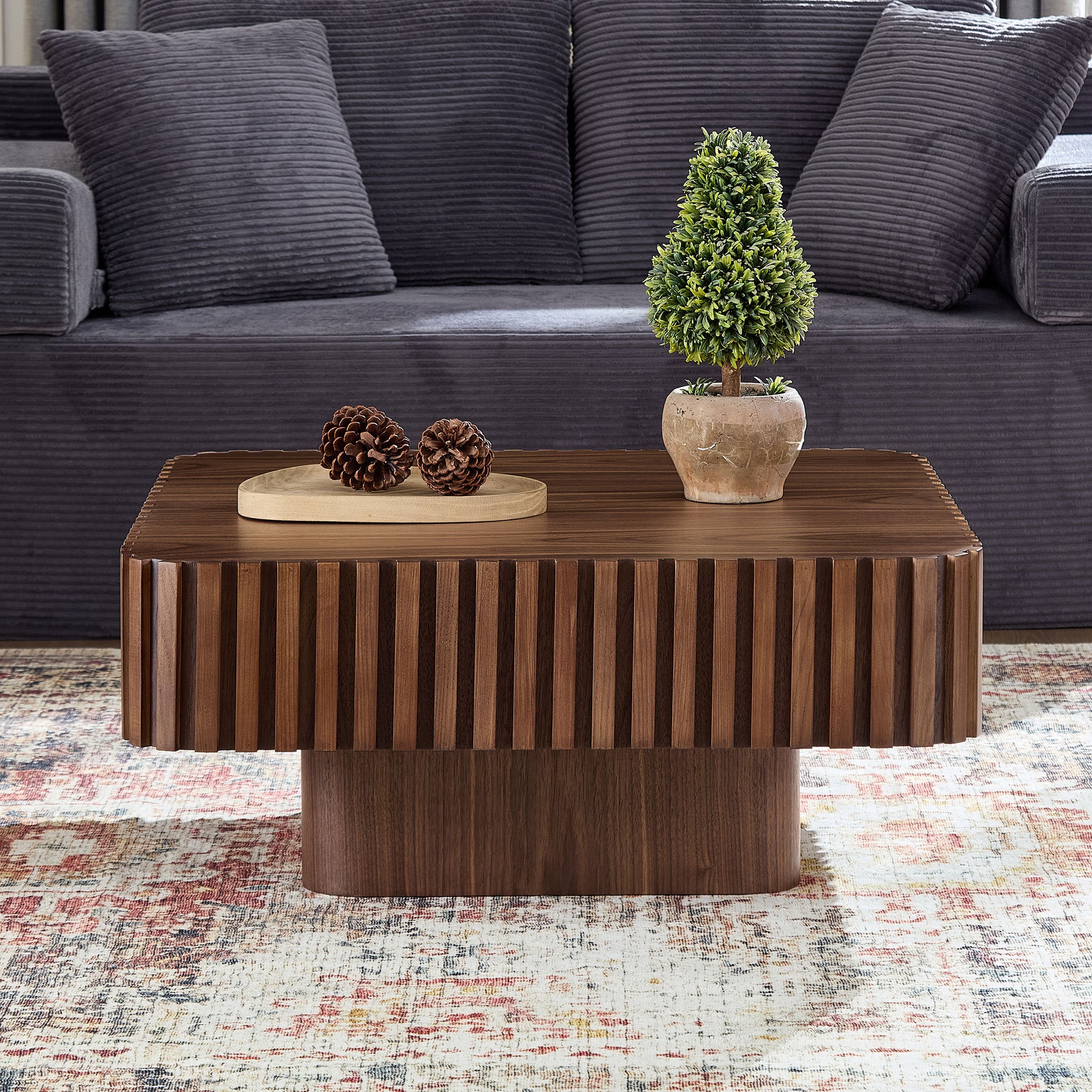 31.5 Inch Modern Handcraft Drum Coffee Table Square Coffee Table for Living Room,Small Wooden Coffee Table with Sturdy MDF Pedesta,Walnut Color Coffee Table