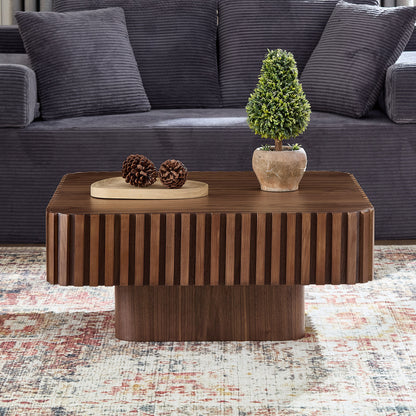 31.5 Inch Modern Handcraft Drum Coffee Table Square Coffee Table for Living Room,Small Wooden Coffee Table with Sturdy MDF Pedesta,Walnut Color Coffee Table