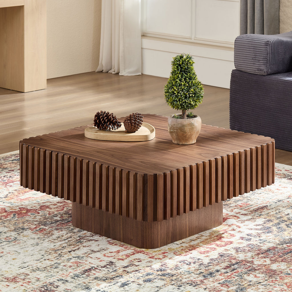 31.5 Inch Modern Handcraft Drum Coffee Table Square Coffee Table for Living Room,Small Wooden Coffee Table with Sturdy MDF Pedesta,Walnut Color Coffee Table