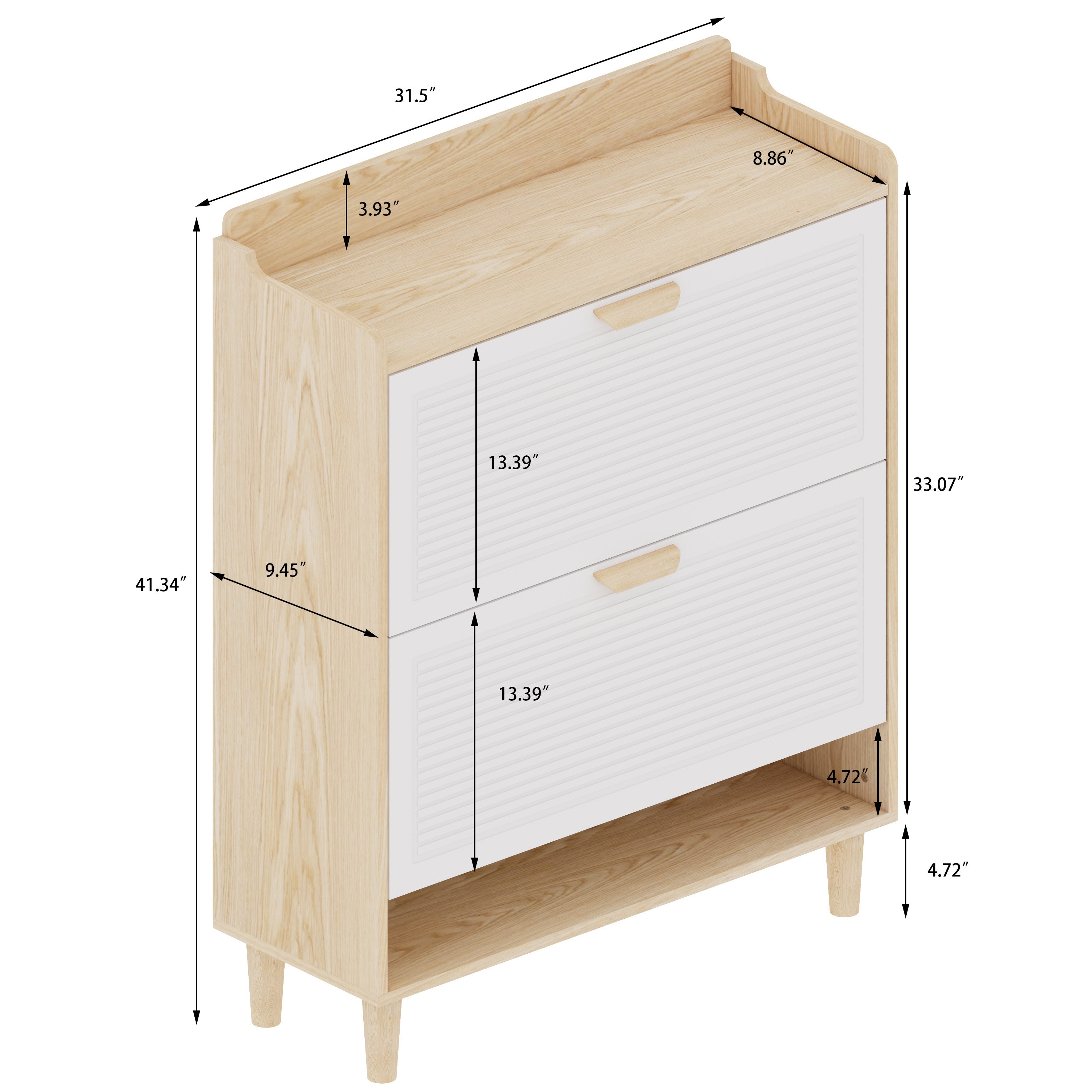 31.5 Inch Nordic Style Shoe Storage Cabinet with 2 Flip Drawers, Freestanding Organizer with Solid Wood Legs for Entryway, Narrow Shoe Rack Cabinet (White and Solid Wood Color Matched)