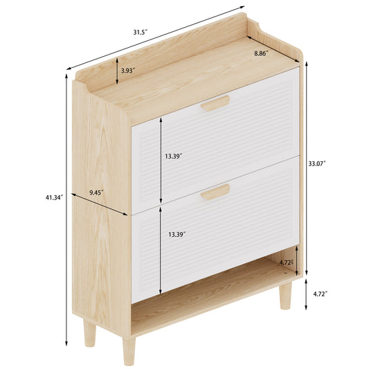 31.5 Inch Nordic Style Shoe Storage Cabinet with 2 Flip Drawers, Freestanding Organizer with Solid Wood Legs for Entryway, Narrow Shoe Rack Cabinet (White and Solid Wood Color Matched)