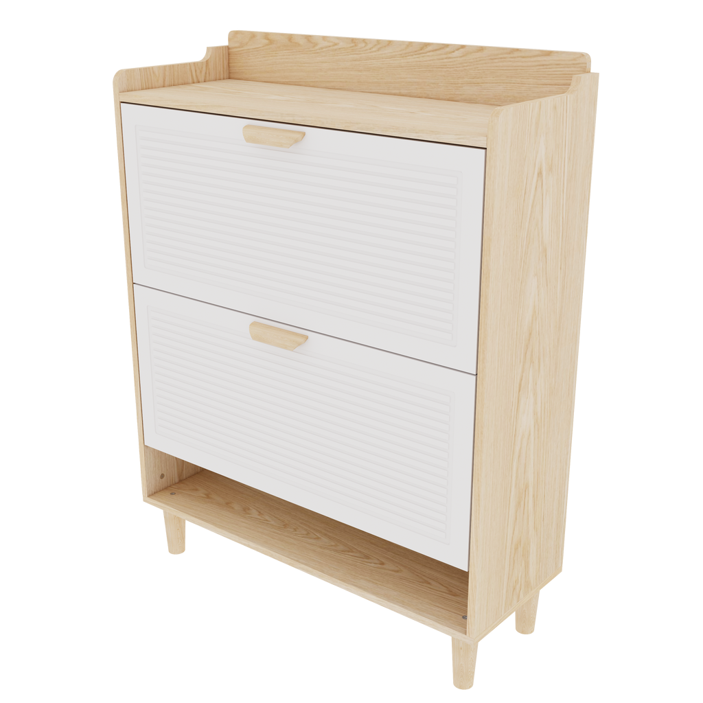 31.5 Inch Nordic Style Shoe Storage Cabinet with 2 Flip Drawers, Freestanding Organizer with Solid Wood Legs for Entryway, Narrow Shoe Rack Cabinet (White and Solid Wood Color Matched)