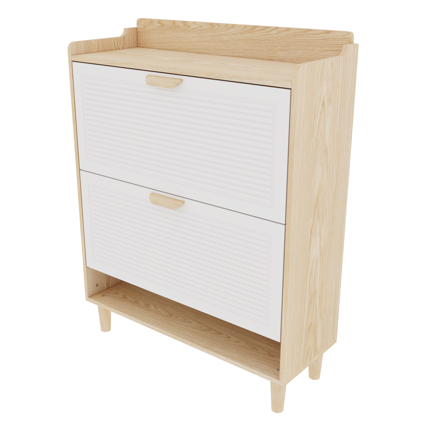 31.5 Inch Nordic Style Shoe Storage Cabinet with 2 Flip Drawers, Freestanding Organizer with Solid Wood Legs for Entryway, Narrow Shoe Rack Cabinet (White and Solid Wood Color Matched)