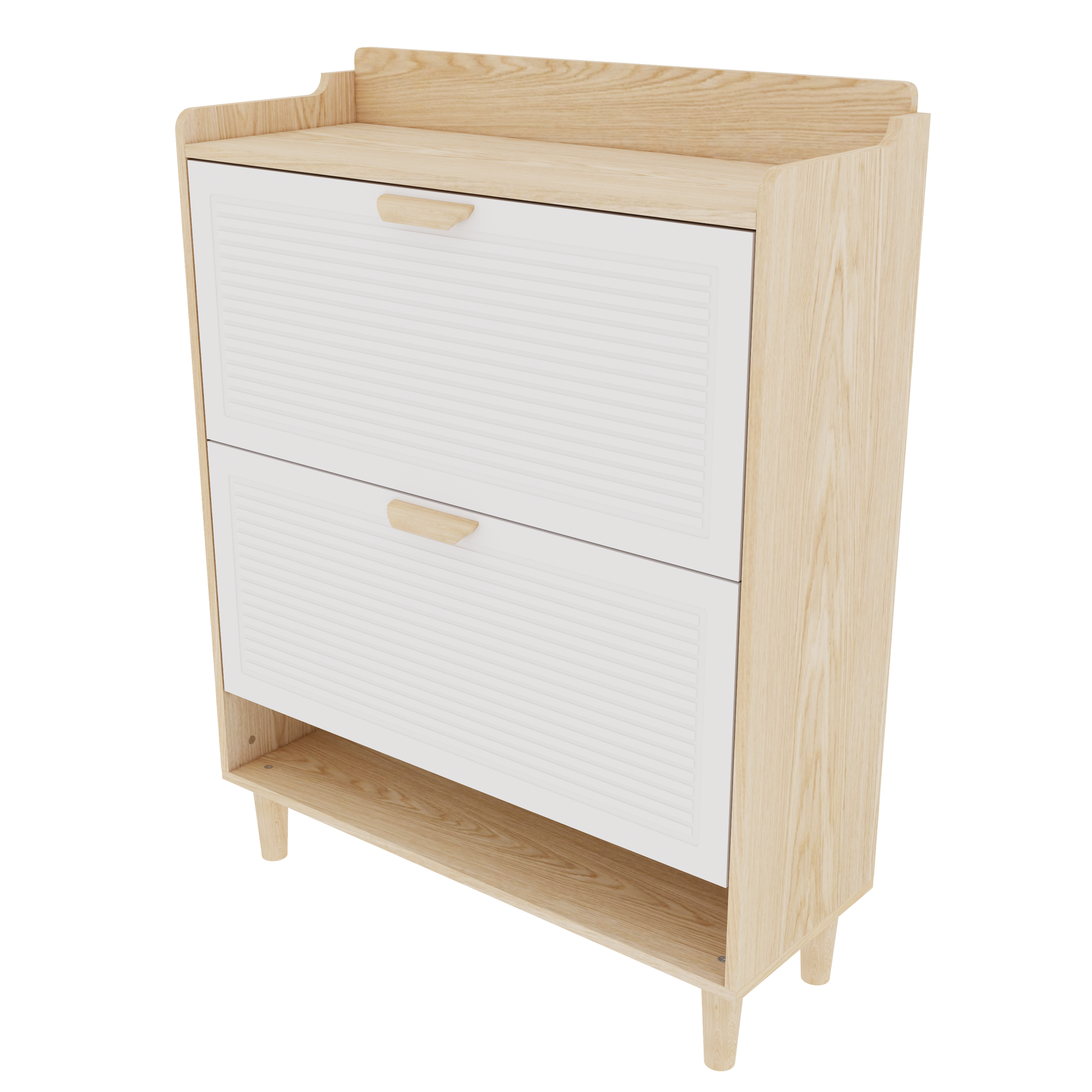 31.5 Inch Nordic Style Shoe Storage Cabinet with 2 Flip Drawers, Freestanding Organizer with Solid Wood Legs for Entryway, Narrow Shoe Rack Cabinet (White and Solid Wood Color Matched)