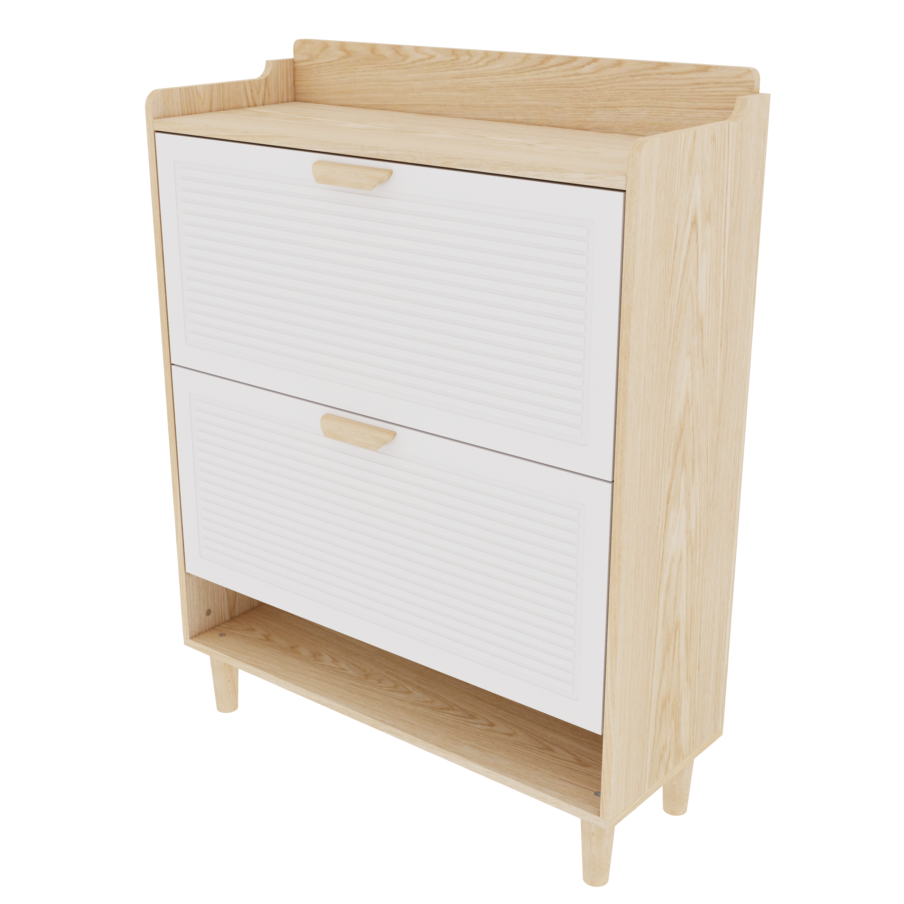 31.5 Inch Nordic Style Shoe Storage Cabinet with 2 Flip Drawers, Freestanding Organizer with Solid Wood Legs for Entryway, Narrow Shoe Rack Cabinet (White and Solid Wood Color Matched)