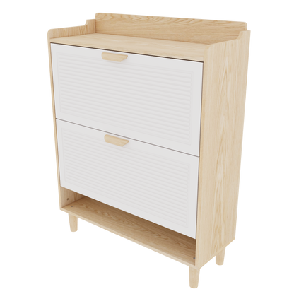 31.5 Inch Nordic Style Shoe Storage Cabinet with 2 Flip Drawers, Freestanding Organizer with Solid Wood Legs for Entryway, Narrow Shoe Rack Cabinet (White and Solid Wood Color Matched)
