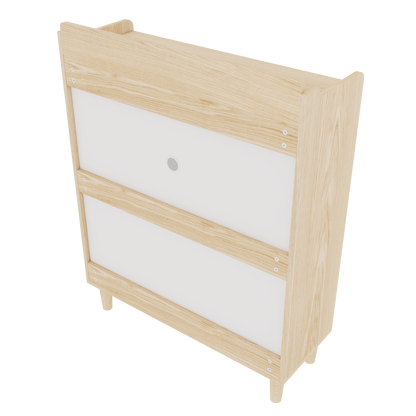 31.5 Inch Nordic Style Shoe Storage Cabinet with 2 Flip Drawers, Freestanding Organizer with Solid Wood Legs for Entryway, Narrow Shoe Rack Cabinet (White and Solid Wood Color Matched)