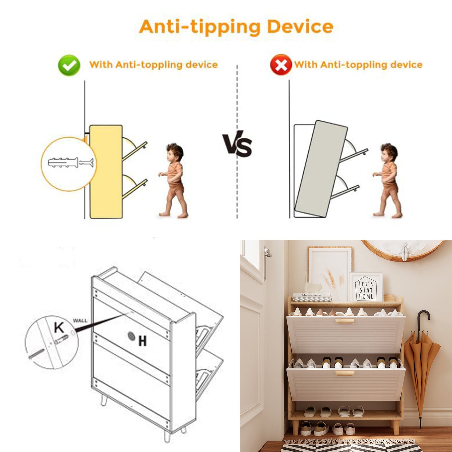 31.5 Inch Nordic Style Shoe Storage Cabinet with 2 Flip Drawers, Freestanding Organizer with Solid Wood Legs for Entryway, Narrow Shoe Rack Cabinet (White and Solid Wood Color Matched)