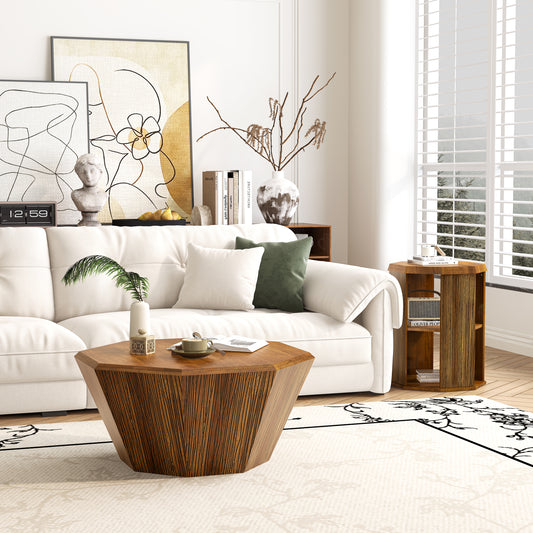 31.5 "Octagonal Log Color  Rubber wood Set of Two Coffee Table, Coffee Table, Living Room Bedroom(Set of Two Pieces)