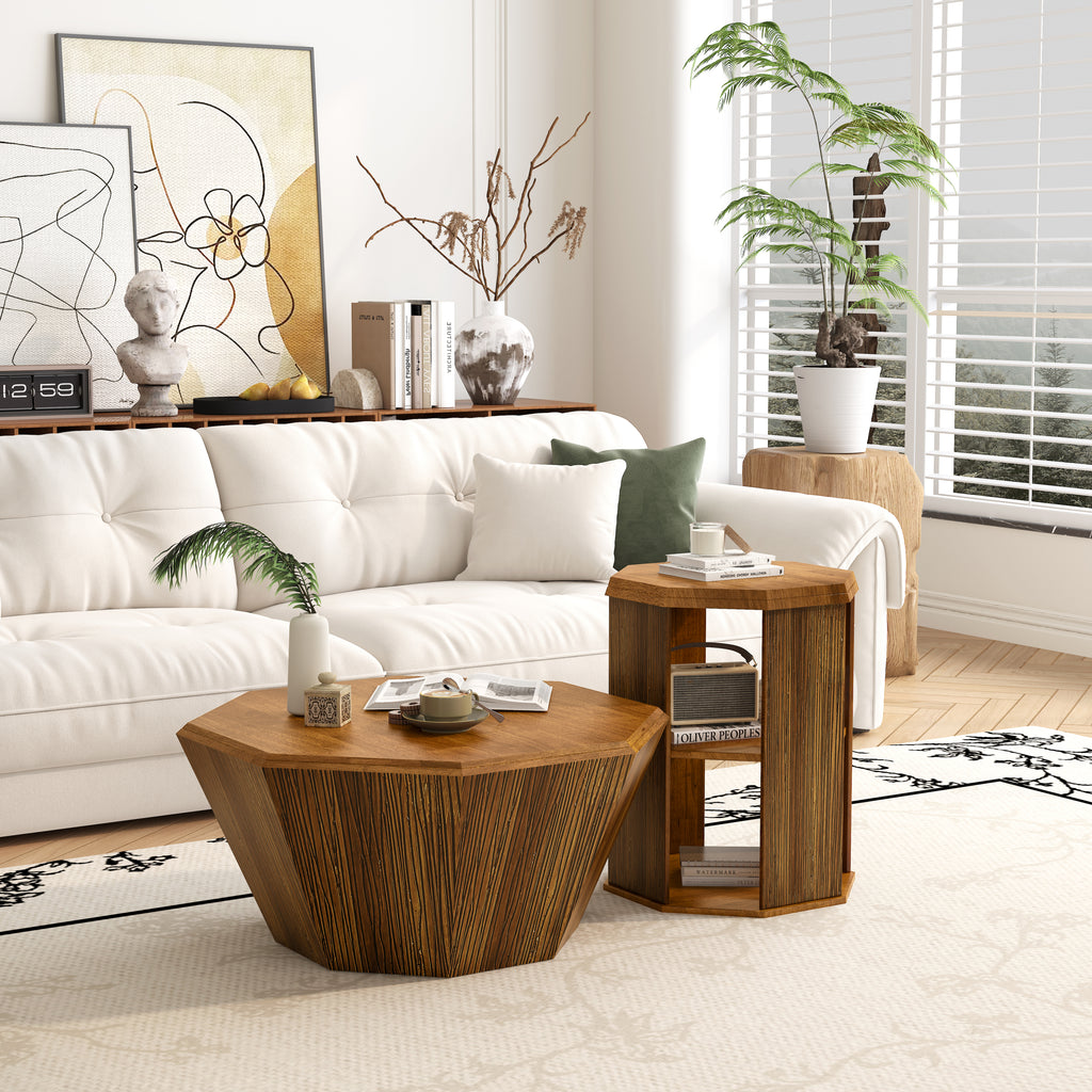 31.5 "Octagonal Log Color  Rubber wood Set of Two Coffee Table, Coffee Table, Living Room Bedroom(Set of Two Pieces)