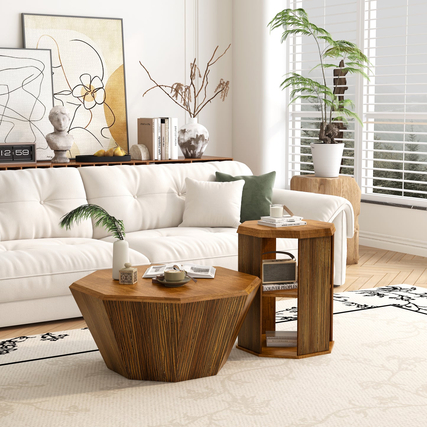 31.5 "Octagonal Log Color  Rubber wood Set of Two Coffee Table, Coffee Table, Living Room Bedroom(Set of Two Pieces)