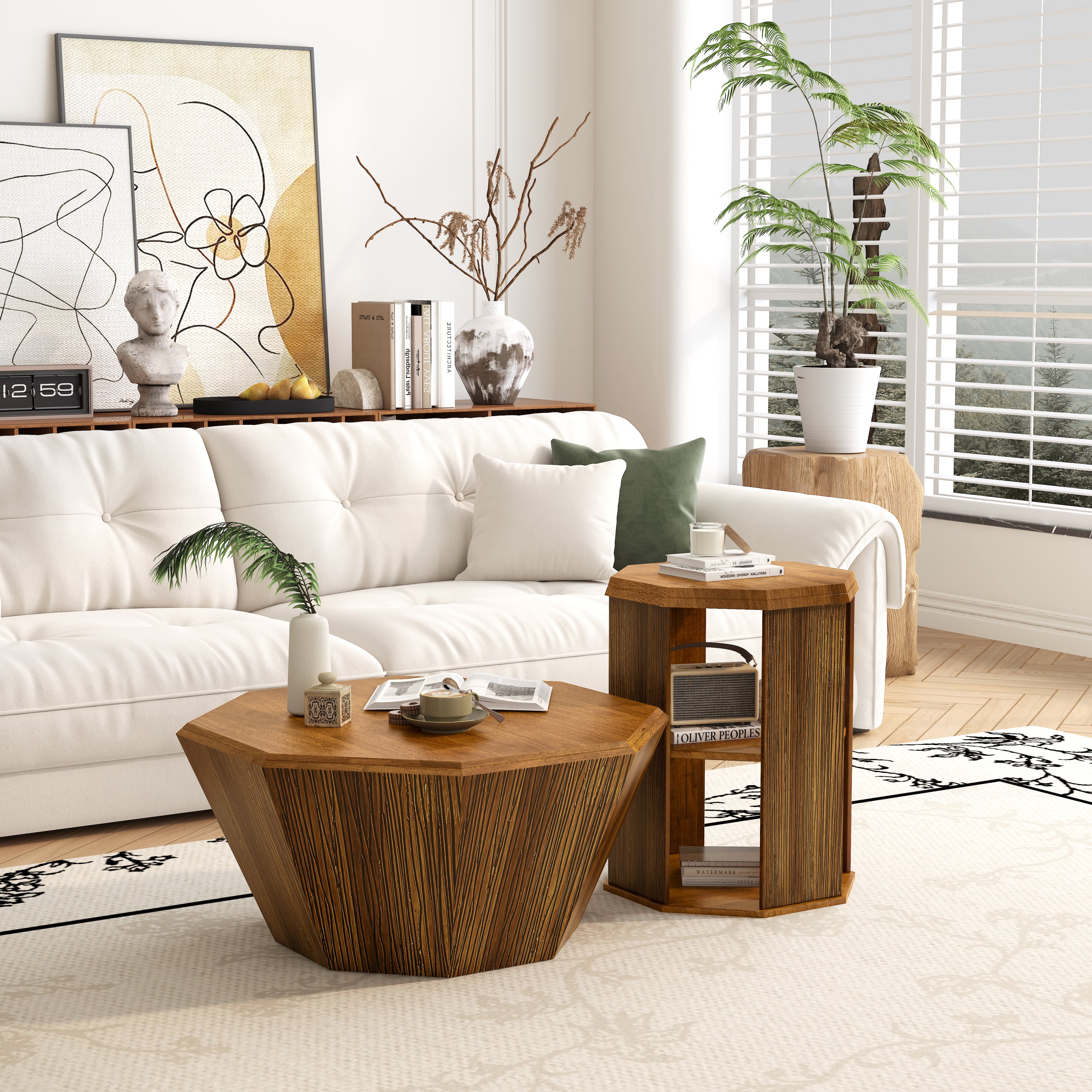 31.5 "Octagonal Log Color  Rubber wood Set of Two Coffee Table, Coffee Table, Living Room Bedroom(Set of Two Pieces)