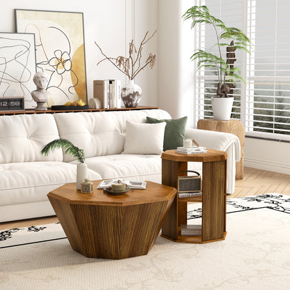 31.5 "Octagonal Log Color  Rubber wood Set of Two Coffee Table, Coffee Table, Living Room Bedroom(Set of Two Pieces)