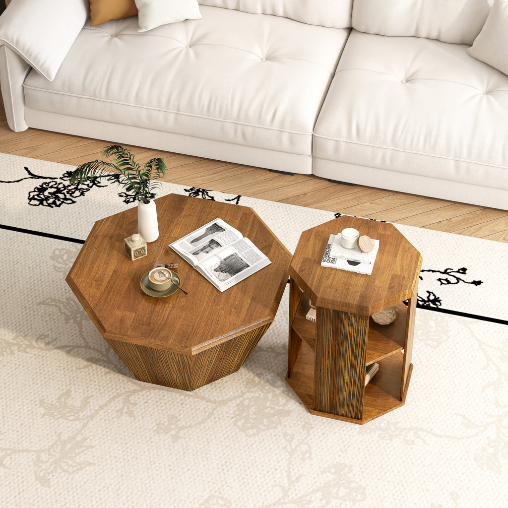 31.5 "Octagonal Log Color  Rubber wood Set of Two Coffee Table, Coffee Table, Living Room Bedroom(Set of Two Pieces)