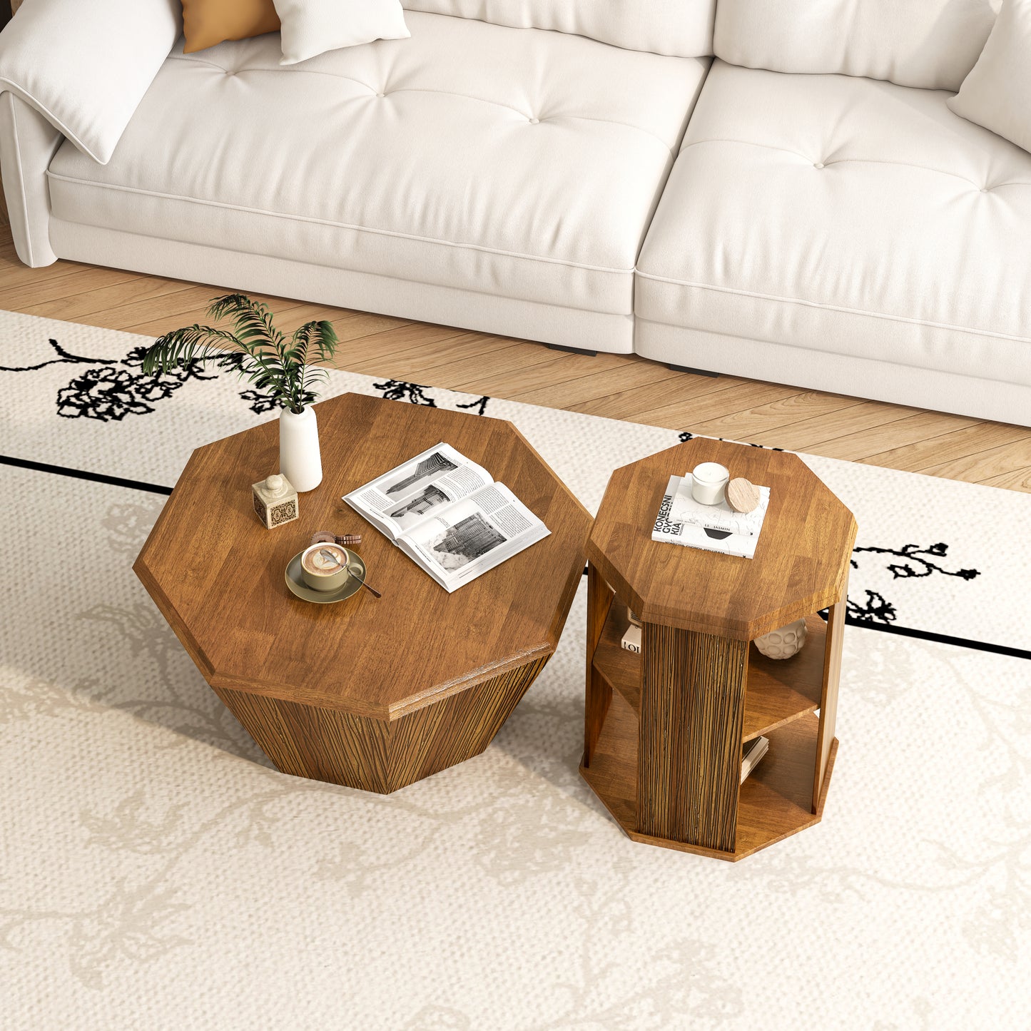 31.5 "Octagonal Log Color  Rubber wood Set of Two Coffee Table, Coffee Table, Living Room Bedroom(Set of Two Pieces)