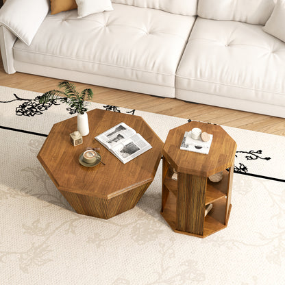 31.5 "Octagonal Log Color  Rubber wood Set of Two Coffee Table, Coffee Table, Living Room Bedroom(Set of Two Pieces)