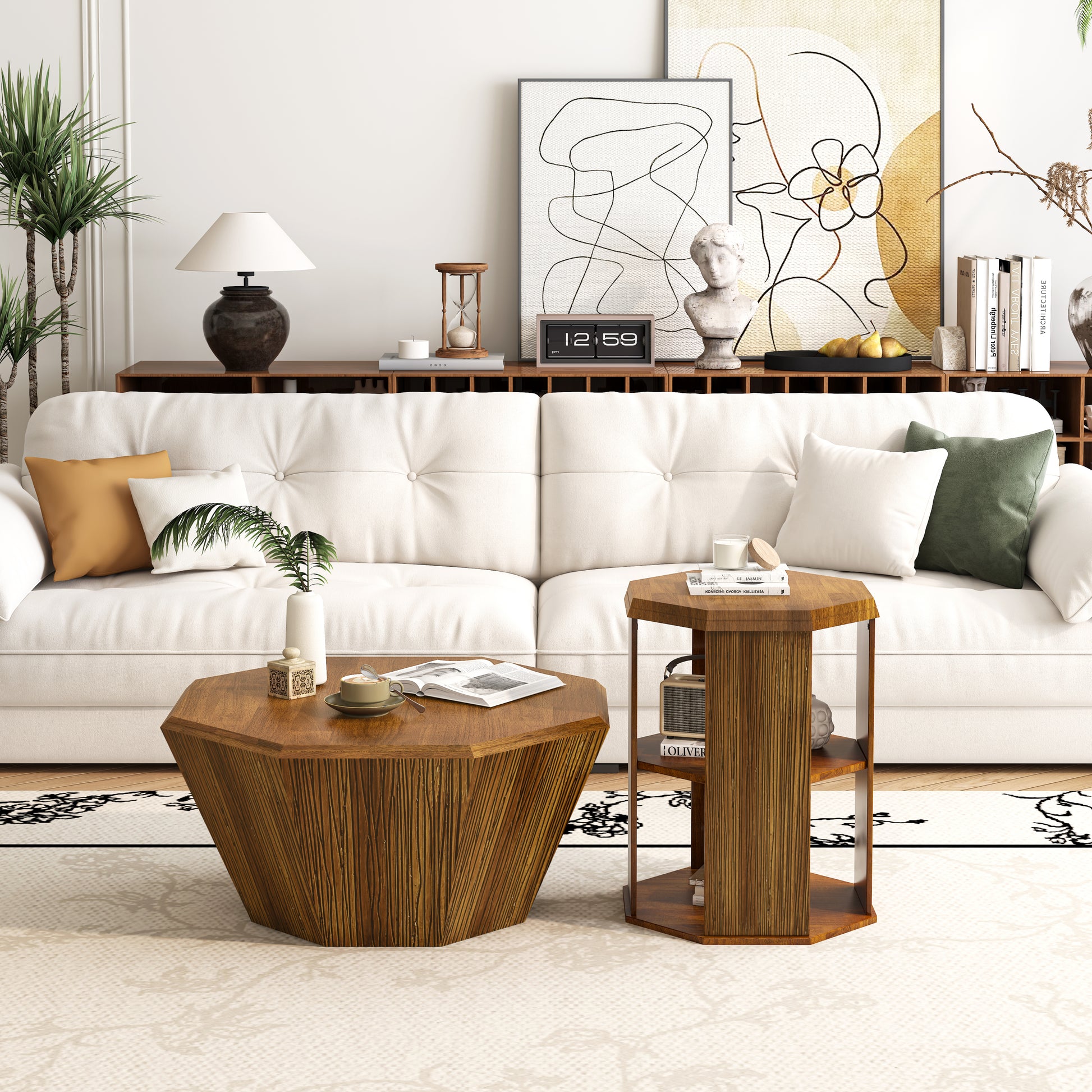 31.5 "Octagonal Log Color  Rubber wood Set of Two Coffee Table, Coffee Table, Living Room Bedroom(Set of Two Pieces)