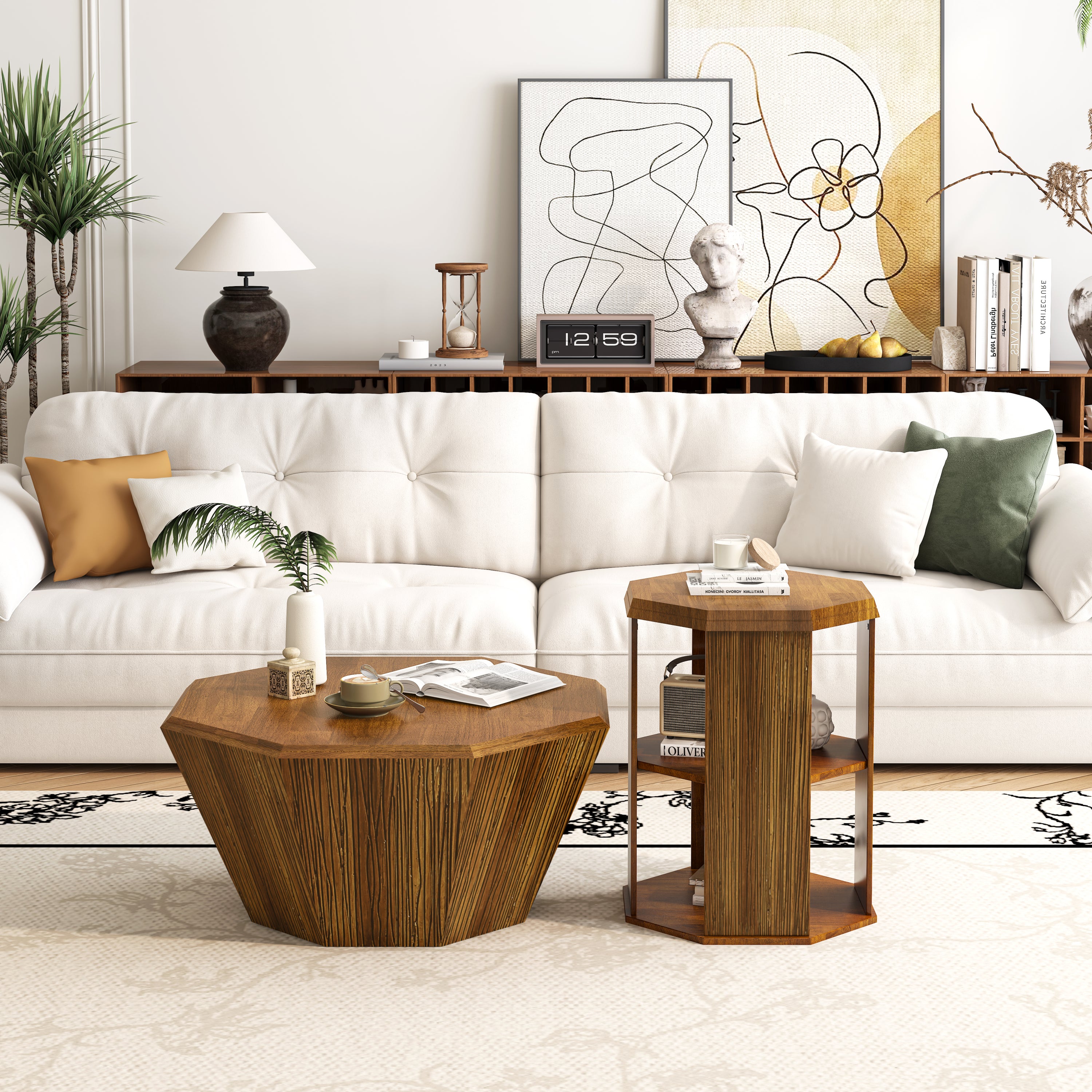 31.5 "Octagonal Log Color  Rubber wood Set of Two Coffee Table, Coffee Table, Living Room Bedroom(Set of Two Pieces)