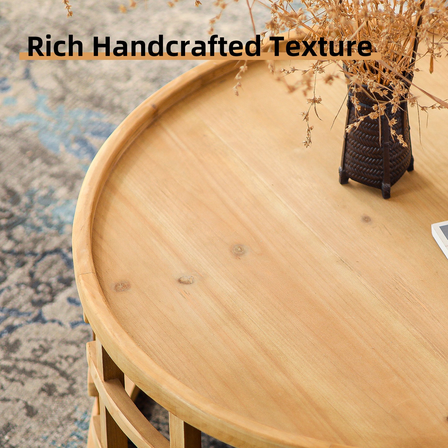 31.5' Round Boho Coffee Table – Rustic Farmhouse Accent Table with Open-Frame Base, Solid Wood Finish Cocktail Table for Living Room