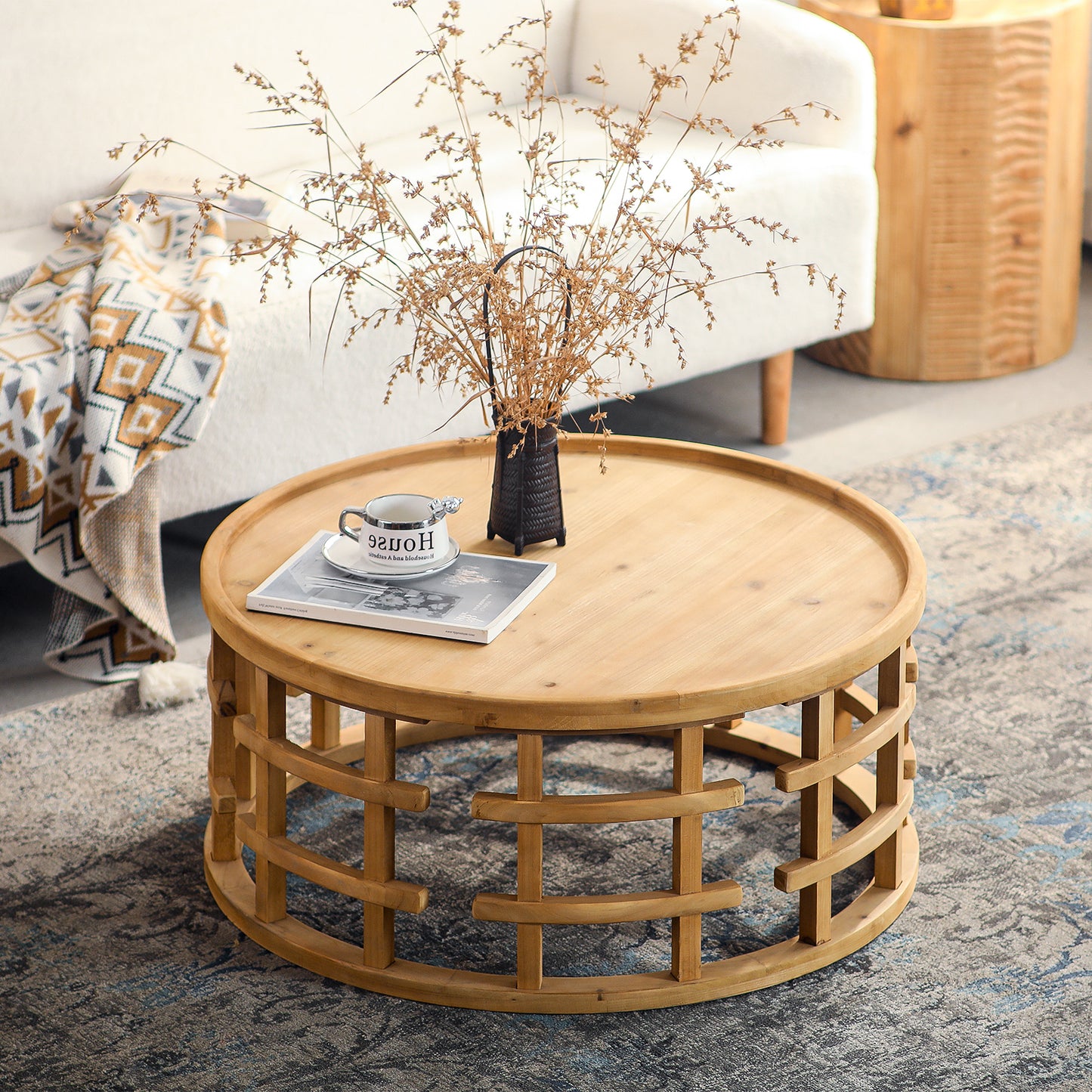 31.5' Round Boho Coffee Table – Rustic Farmhouse Accent Table with Open-Frame Base, Solid Wood Finish Cocktail Table for Living Room