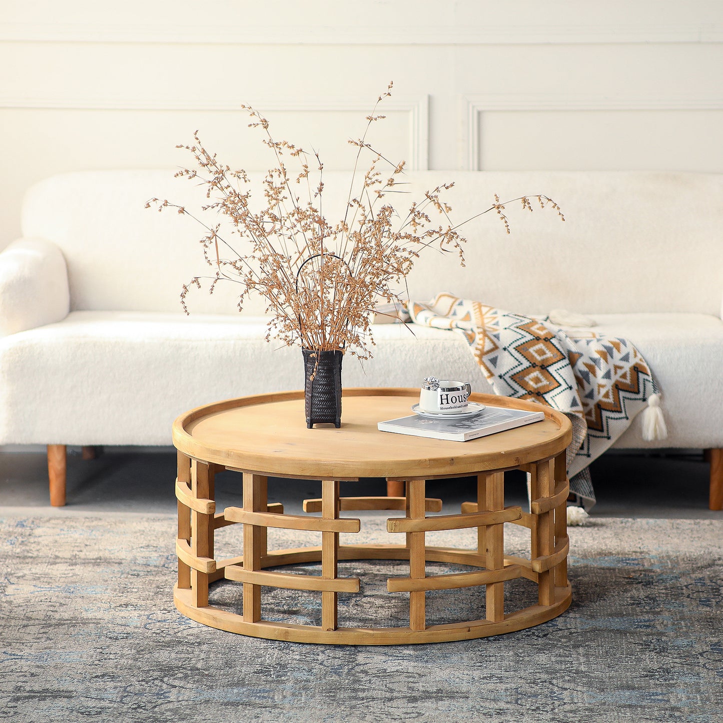 31.5' Round Boho Coffee Table – Rustic Farmhouse Accent Table with Open-Frame Base, Solid Wood Finish Cocktail Table for Living Room
