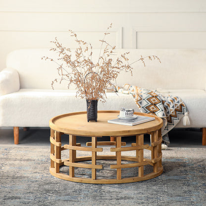 31.5' Round Boho Coffee Table – Rustic Farmhouse Accent Table with Open-Frame Base, Solid Wood Finish Cocktail Table for Living Room