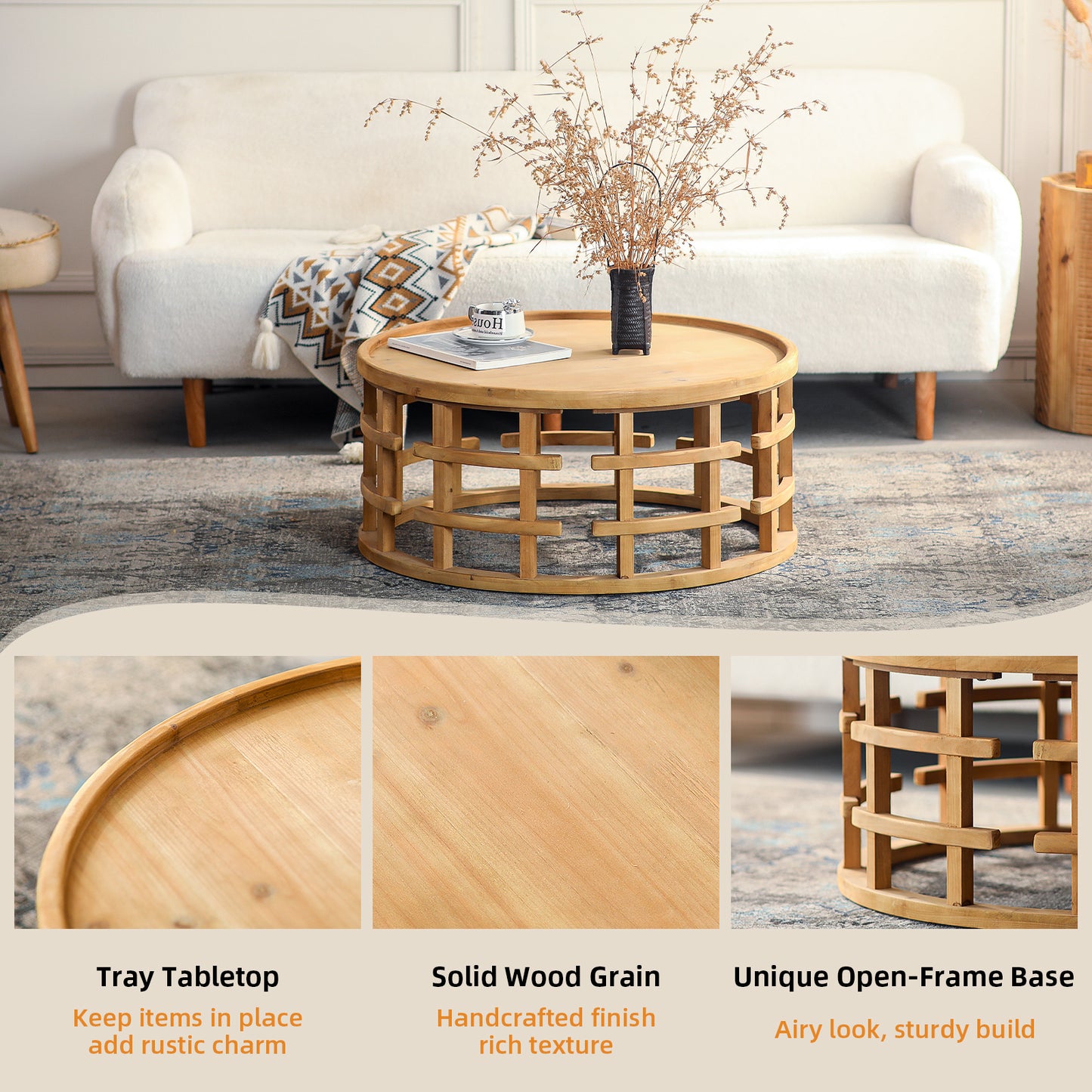 31.5' Round Boho Coffee Table – Rustic Farmhouse Accent Table with Open-Frame Base, Solid Wood Finish Cocktail Table for Living Room