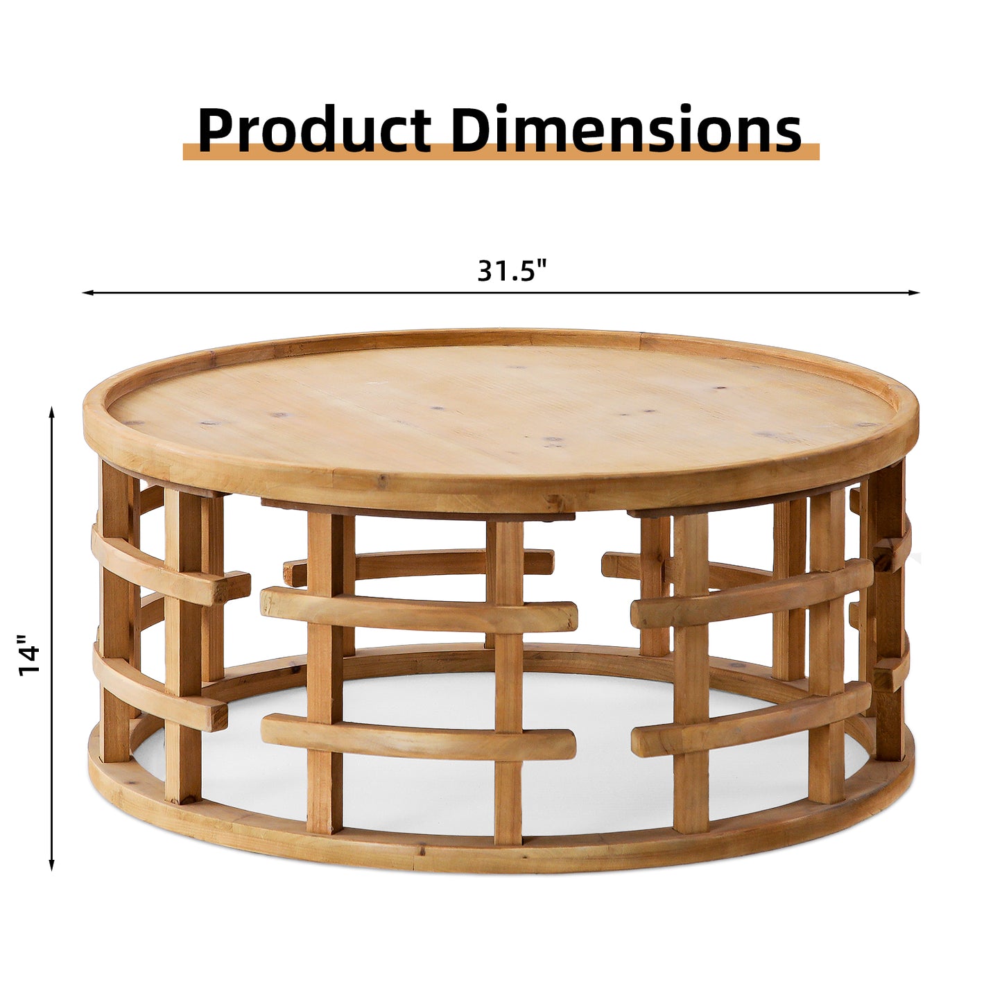 31.5' Round Boho Coffee Table – Rustic Farmhouse Accent Table with Open-Frame Base, Solid Wood Finish Cocktail Table for Living Room