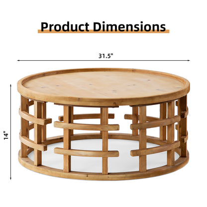 31.5' Round Boho Coffee Table – Rustic Farmhouse Accent Table with Open-Frame Base, Solid Wood Finish Cocktail Table for Living Room