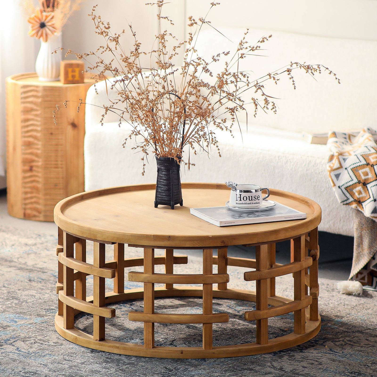31.5' Round Boho Coffee Table – Rustic Farmhouse Accent Table with Open-Frame Base, Solid Wood Finish Cocktail Table for Living Room