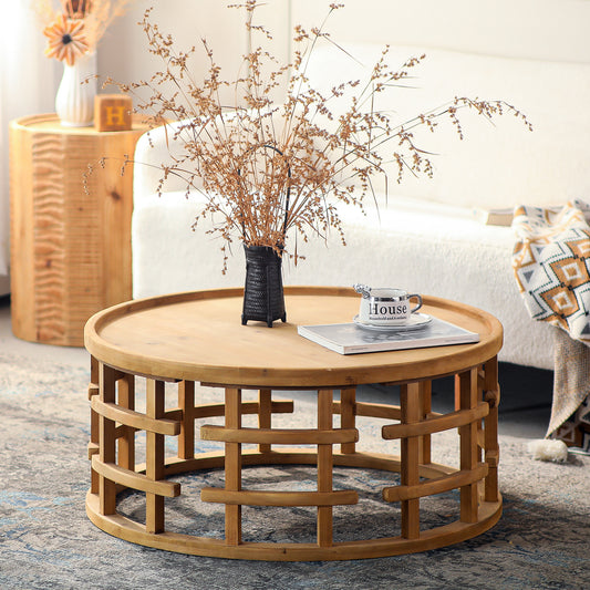 31.5' Round Boho Coffee Table – Rustic Farmhouse Accent Table with Open-Frame Base, Solid Wood Finish Cocktail Table for Living Room