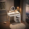 31.5'' Makeup Vanity Desk with Lighted Mirror, Luxury Dressing Table with 2 Drawers and 1 Cabinet, 3 Lighting Modes Available for Bedroom, White-Gold