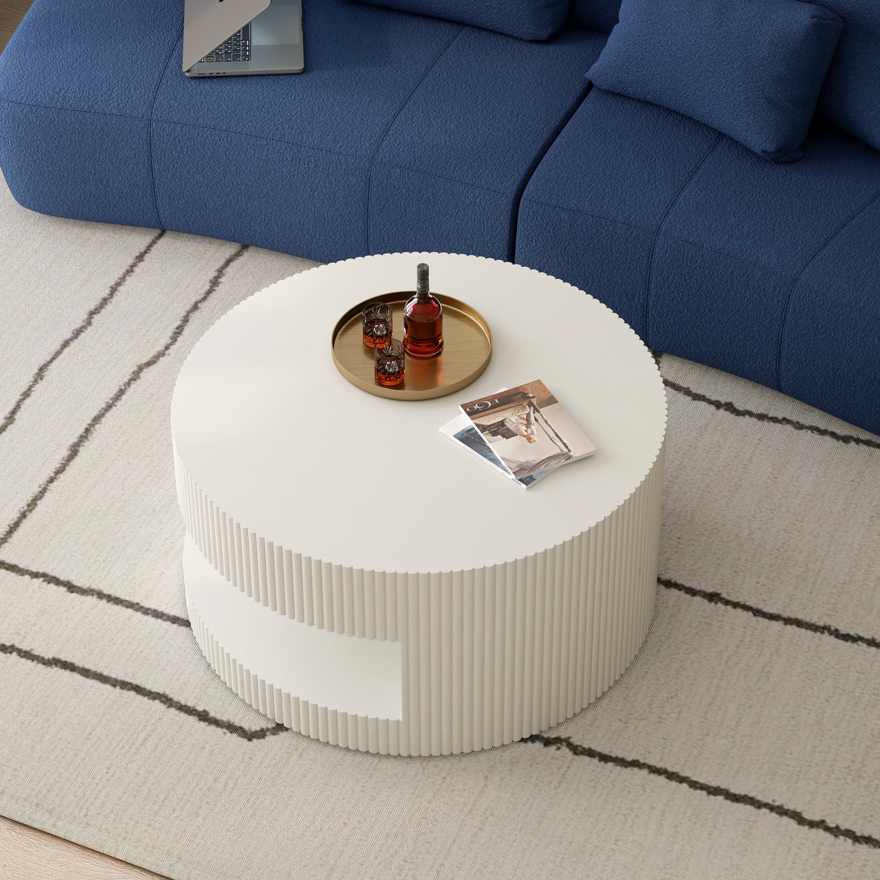 31.5'' Round Coffee Table,Modern Center Table with Storage,Vertical Stripe Design Coffee Table for Living Room,Bedroom(White)