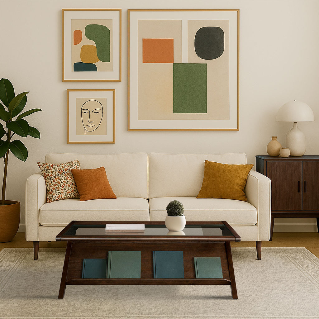 Mid-Century Modern Coffee Table in Morocco Brown in a Scandinavian-style room with white sofa, abstract wall art, and minimal decor.