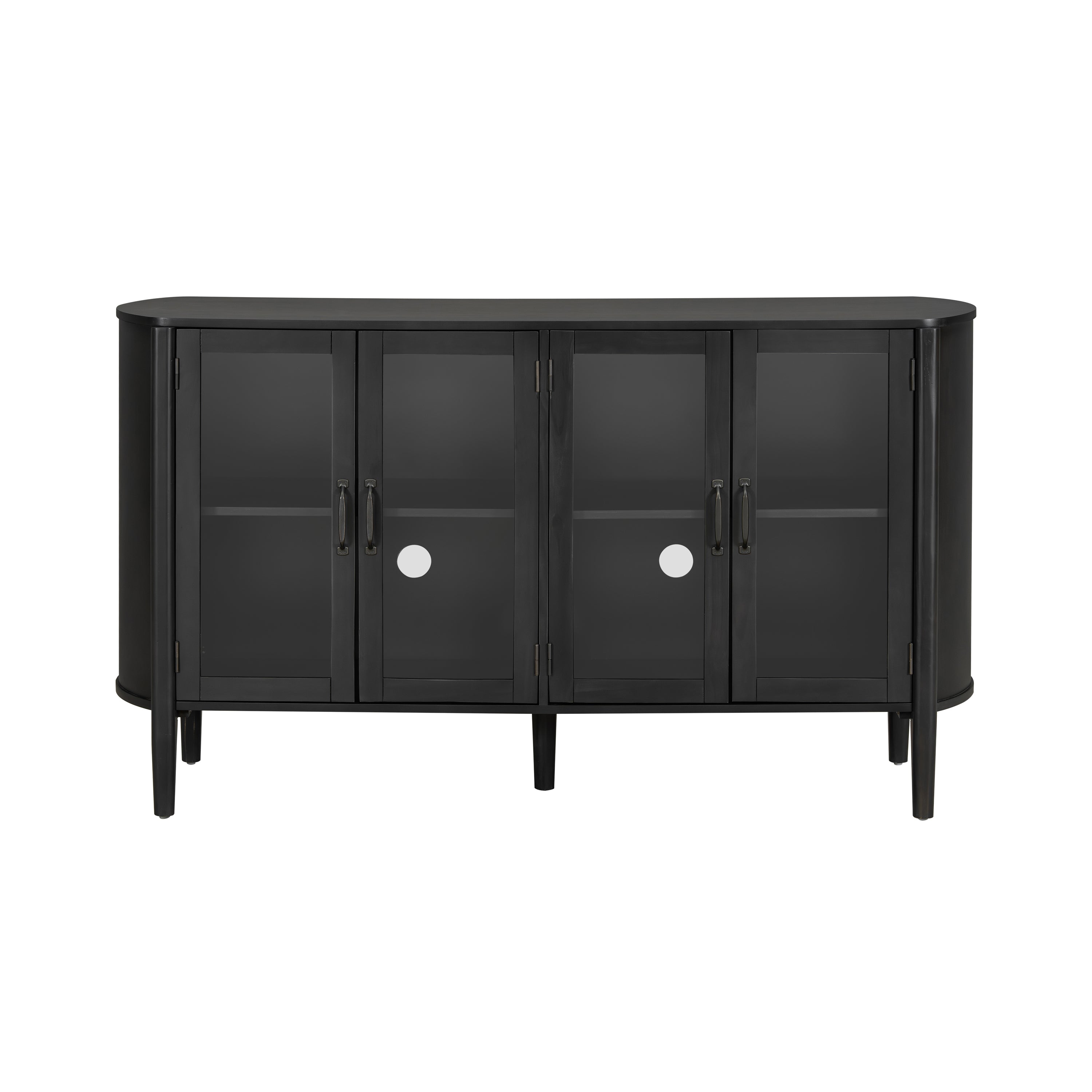 Modern black storage cabinet with four glass doors and adjustable shelves, featuring a sleek curved design and minimalist hardware.