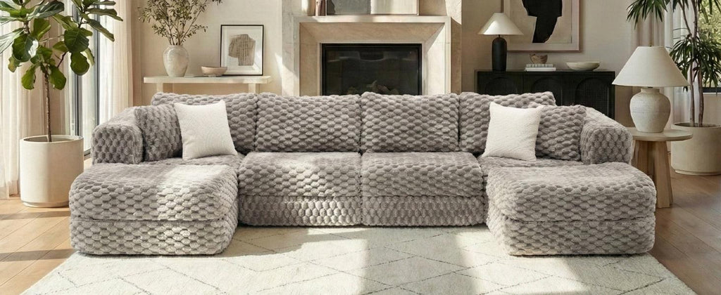 Modular Sectional Sofa Grey Bubble Velvet with Movable Ottomans.