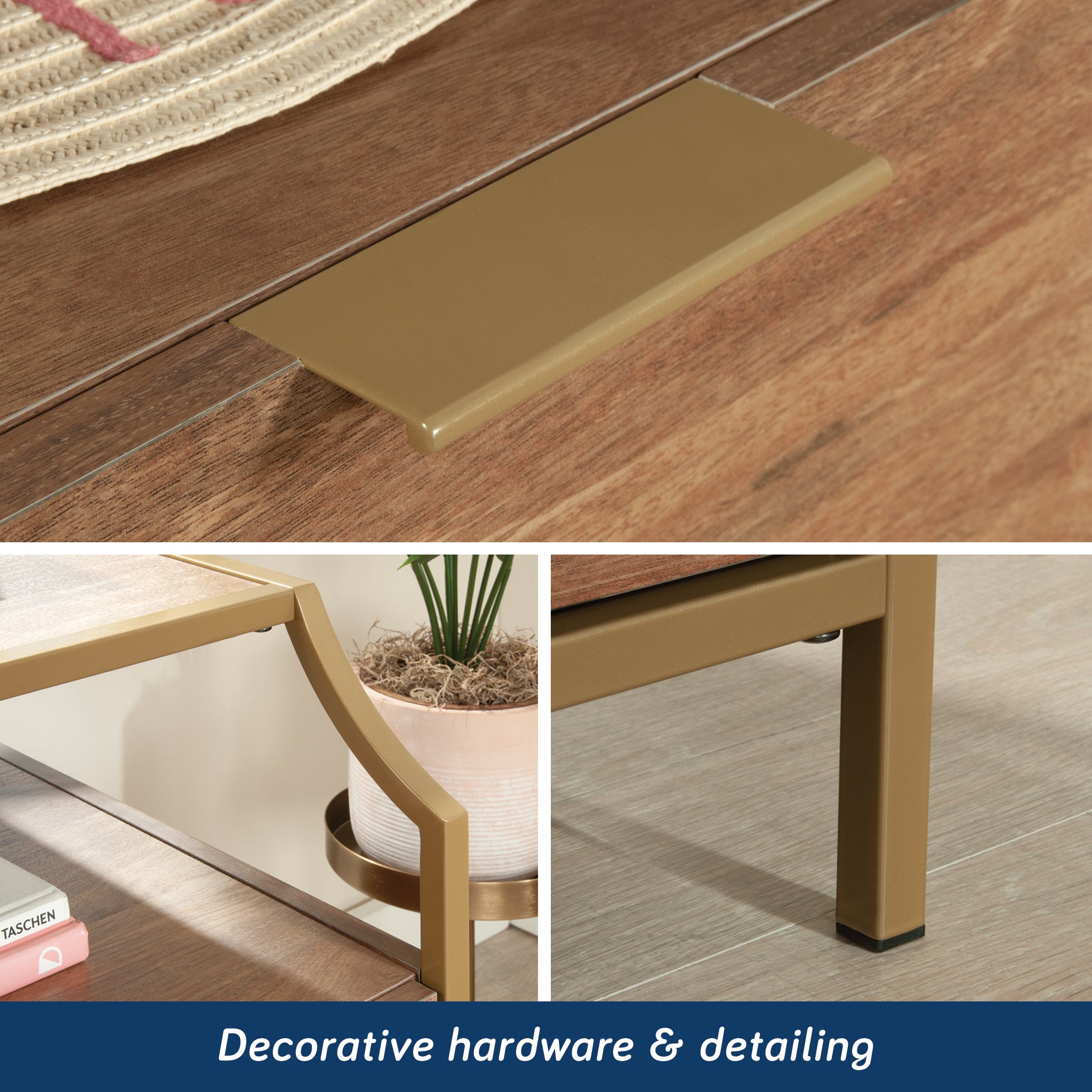 Close-up of brown dresser's decorative gold hardware and detailing, highlighting modern craftsmanship and sturdy frame.