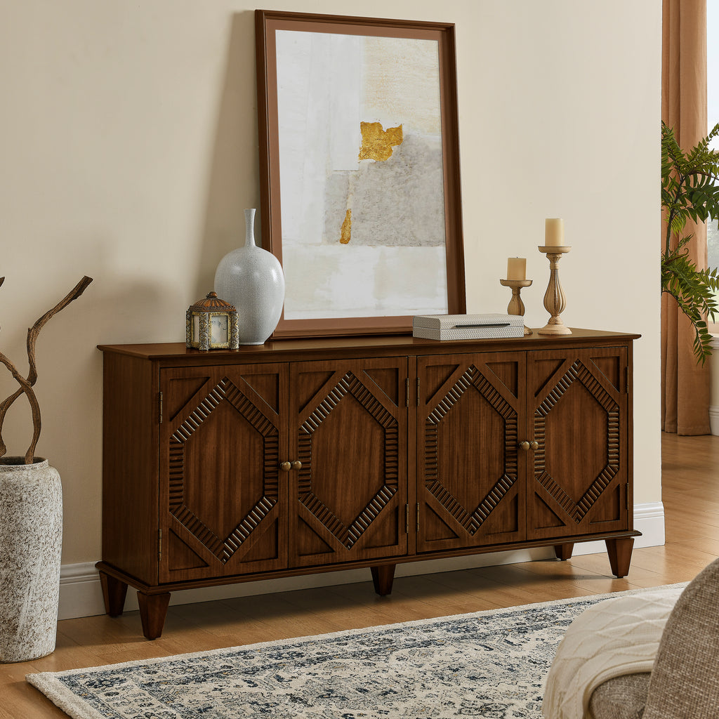 Mid-century walnut sideboard featuring four cabinet doors with symmetrical geometric carvings and tapered legs.