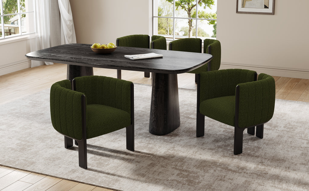 Modern dining room setup with 4 olive green dining chairs and black table, perfect for contemporary home decor.
