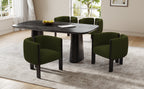 Modern dining room setup with 4 olive green dining chairs and black table, perfect for contemporary home decor.