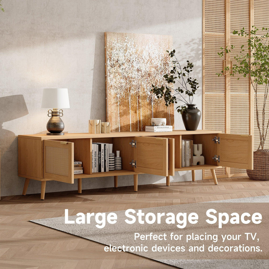 Modern TV Stand with Rattan Doors for 80in TVs.