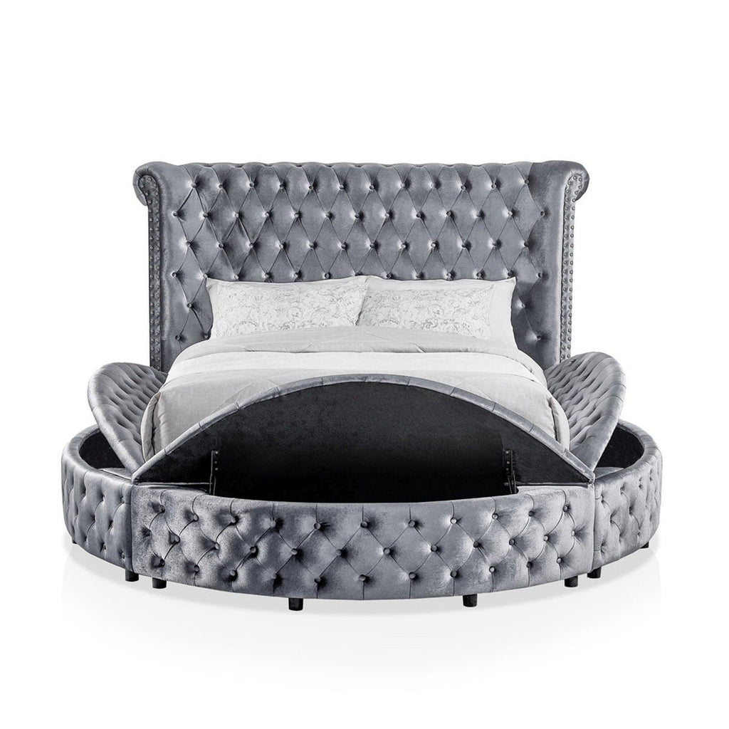 Gray Velvet Round Storage Bed with USB Ports and Features.