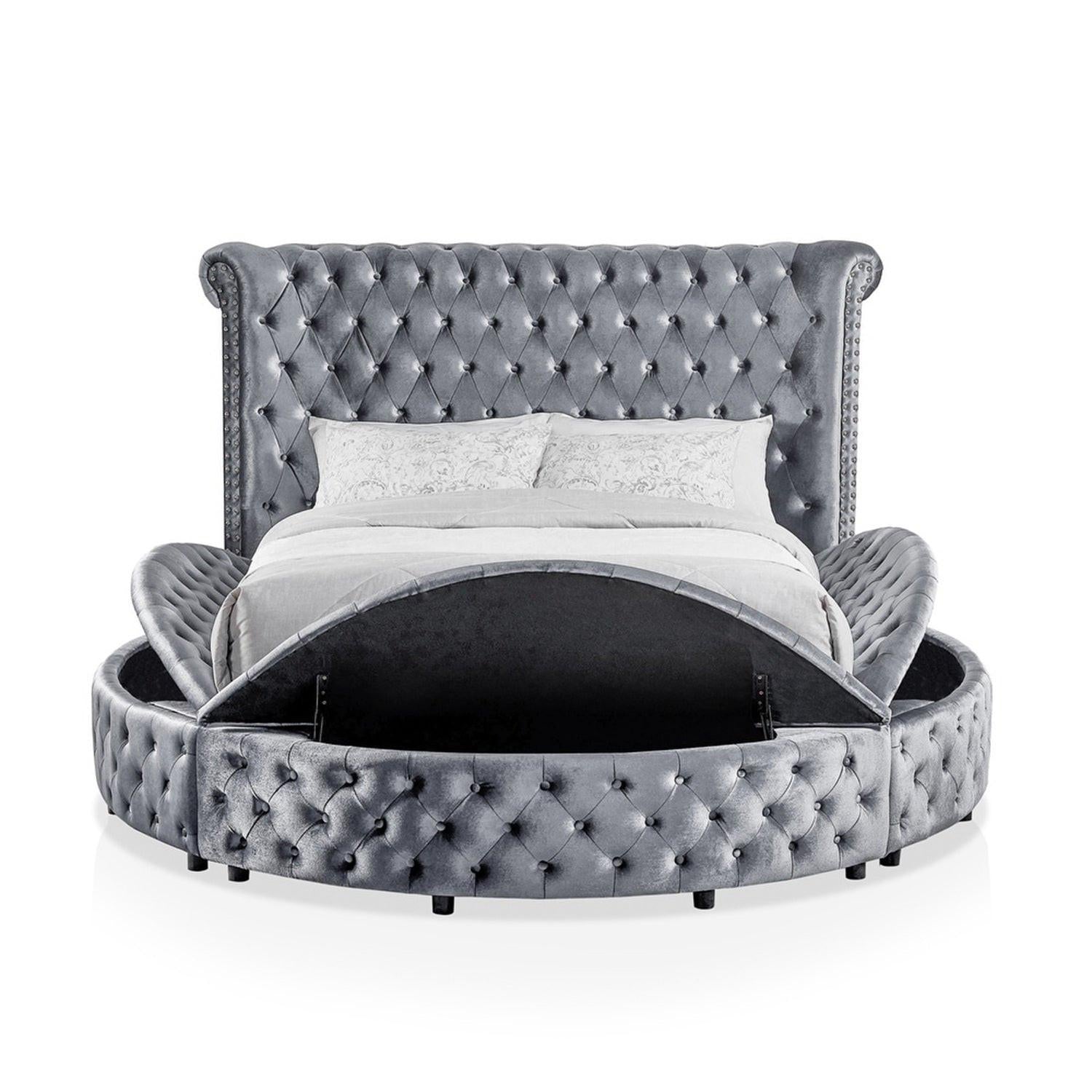 Gray Velvet Round Storage Bed with USB Ports and Features.