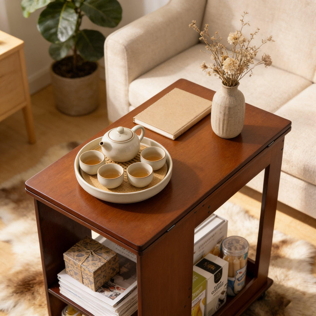 Bamboo Folding Edge Table with Movable Storage.