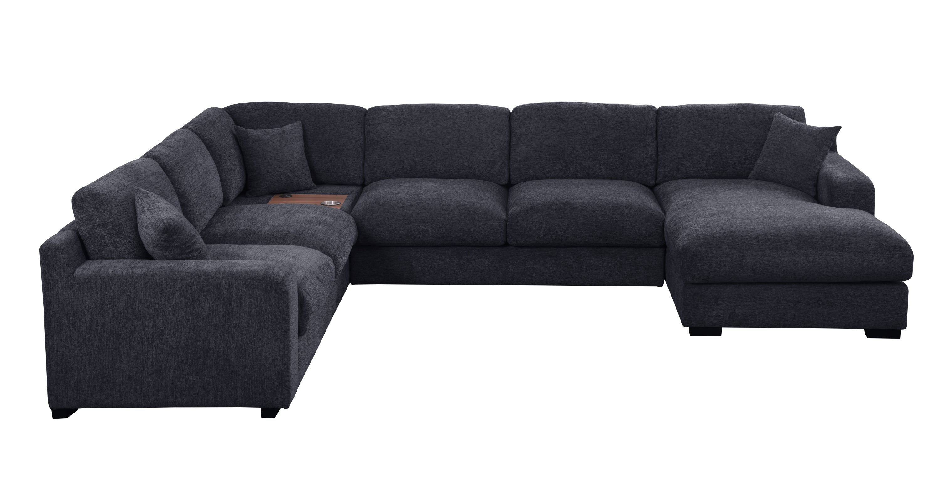 Celine charcoal sectional sofa with right-facing chaise, USB ports, and cupholders, shown from a straight-on angle for full layout view.