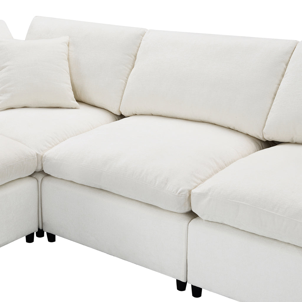 Seat and backrest cushions of 130' Modular Sofa Bed - Convertible 6 Seat Sectional, emphasizing plush padding and chenille fabric texture.
