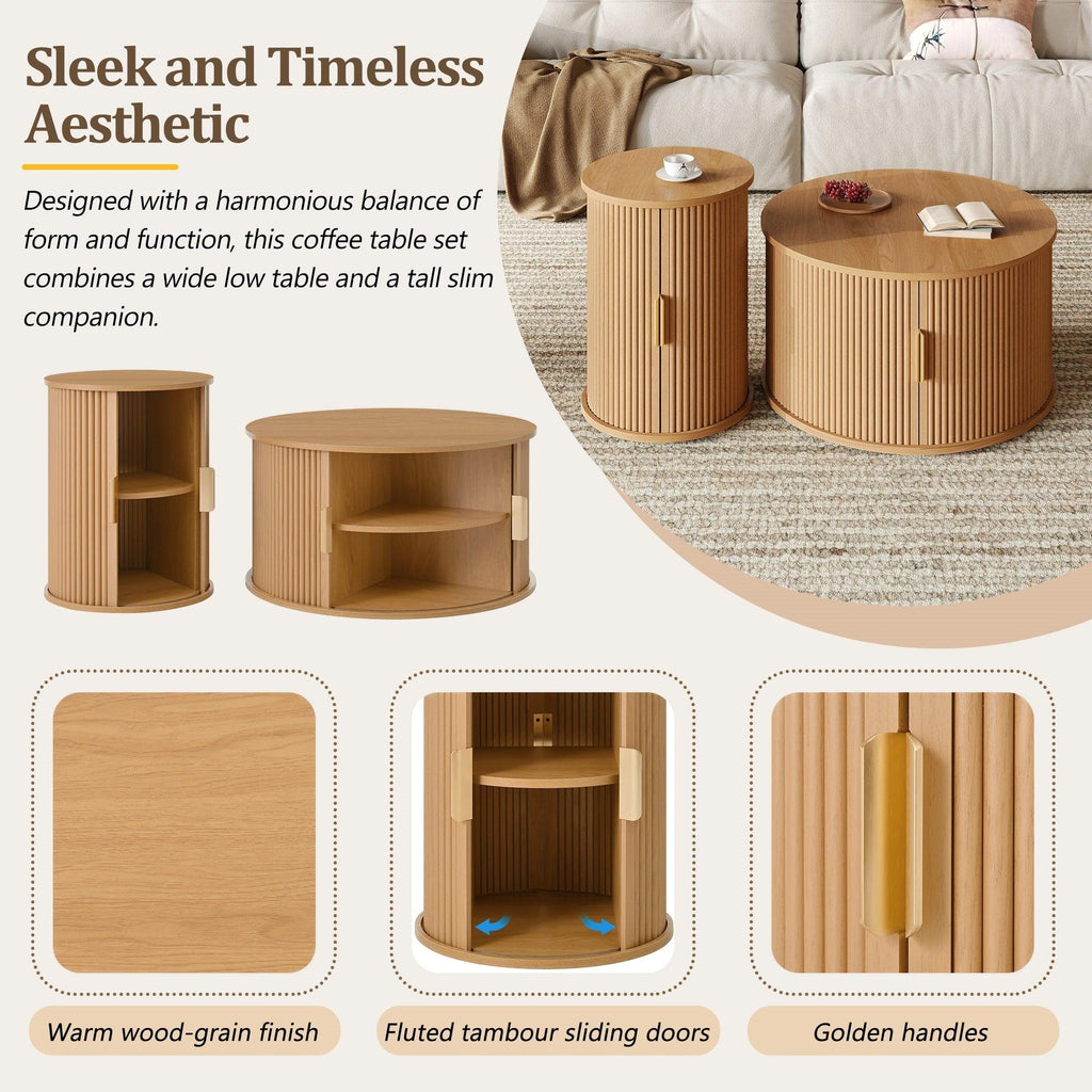 [Assembly Video]Mid-Century Coffee Table Set with Sliding Tambour Door, Round Fluted End Table With Storage, Golden Handle Tall & Low Side Table with Wooden Finish for Living Room, Set of Two ,Natural.