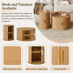 [Assembly Video]Mid-Century Coffee Table Set with Sliding Tambour Door, Round Fluted End Table With Storage, Golden Handle Tall & Low Side Table with Wooden Finish for Living Room, Set of Two ,Natural.