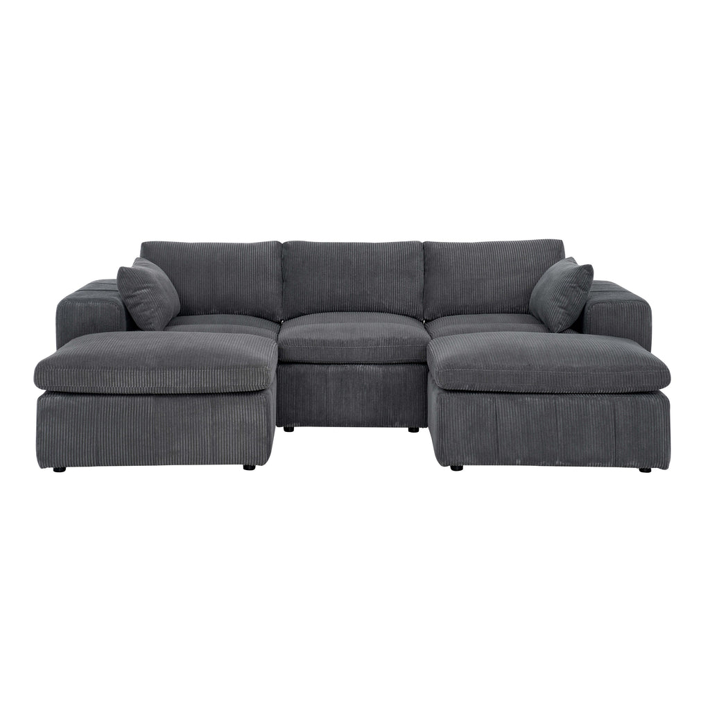 Front view of large corduroy modular sectional with two ottomans and plush cushions. Ideal for spacious living areas and flexible seating.
