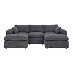 Front view of large corduroy modular sectional with two ottomans and plush cushions. Ideal for spacious living areas and flexible seating.